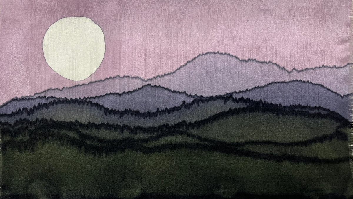"Mountain Summer Moonrise” - Hand-dyed Silk Wall Hanging - $150 - Curious Cart
