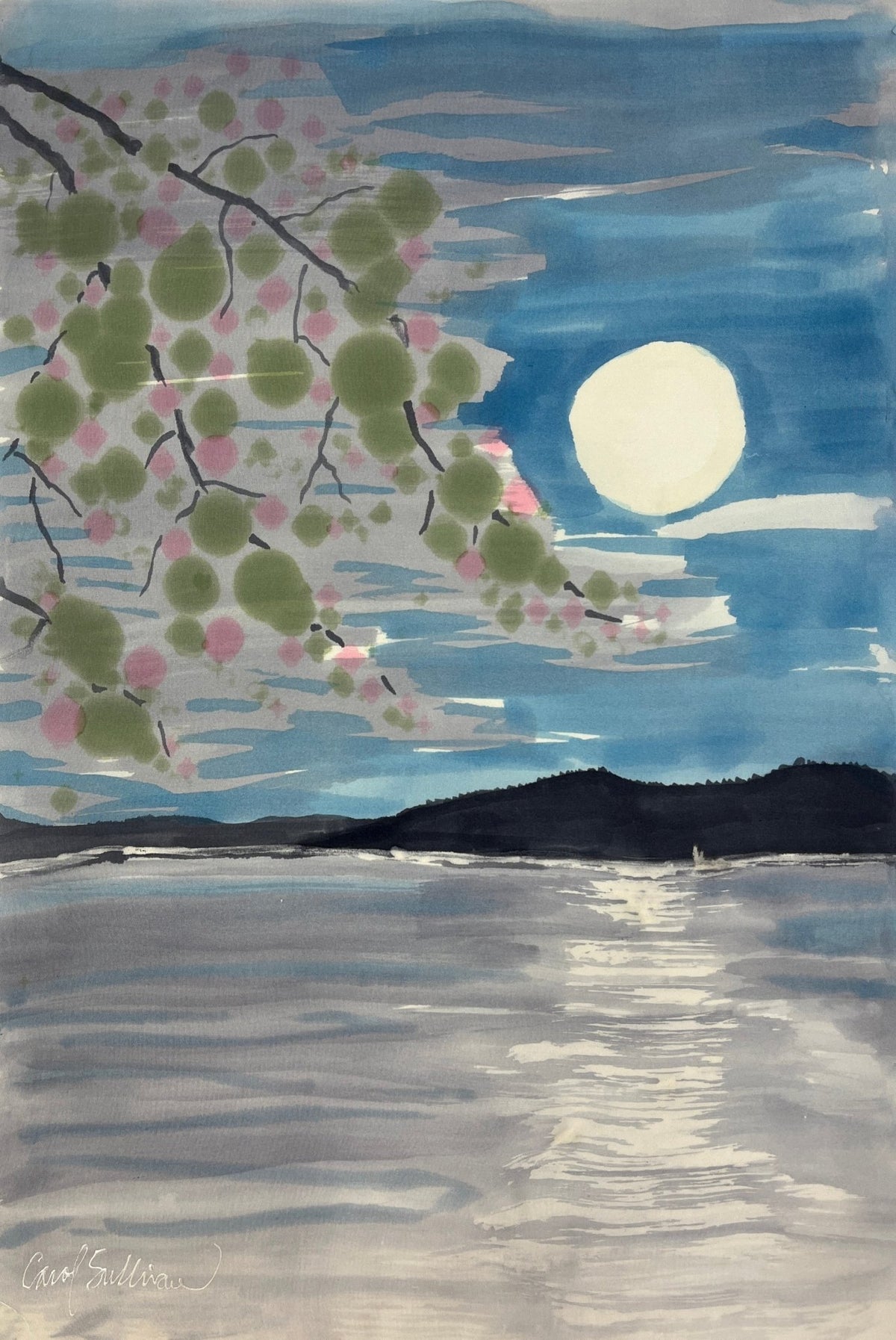 "Cherry Blossom Moon” - Hand-dyed Silk Wall Hanging - $255 - Curious Cart