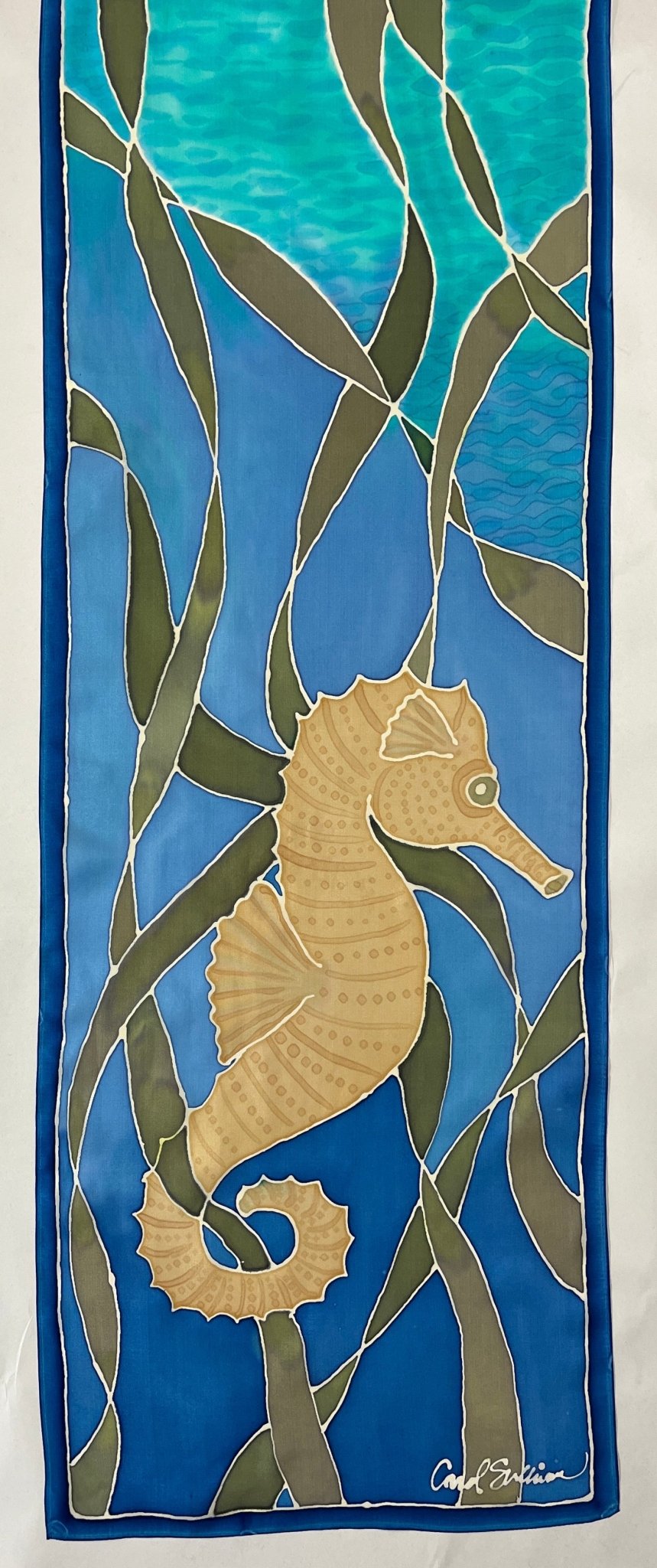 "Seahorse Riding the Kelp” - Hand-dyed Silk Wall Hanging - $365 - Curious Cart