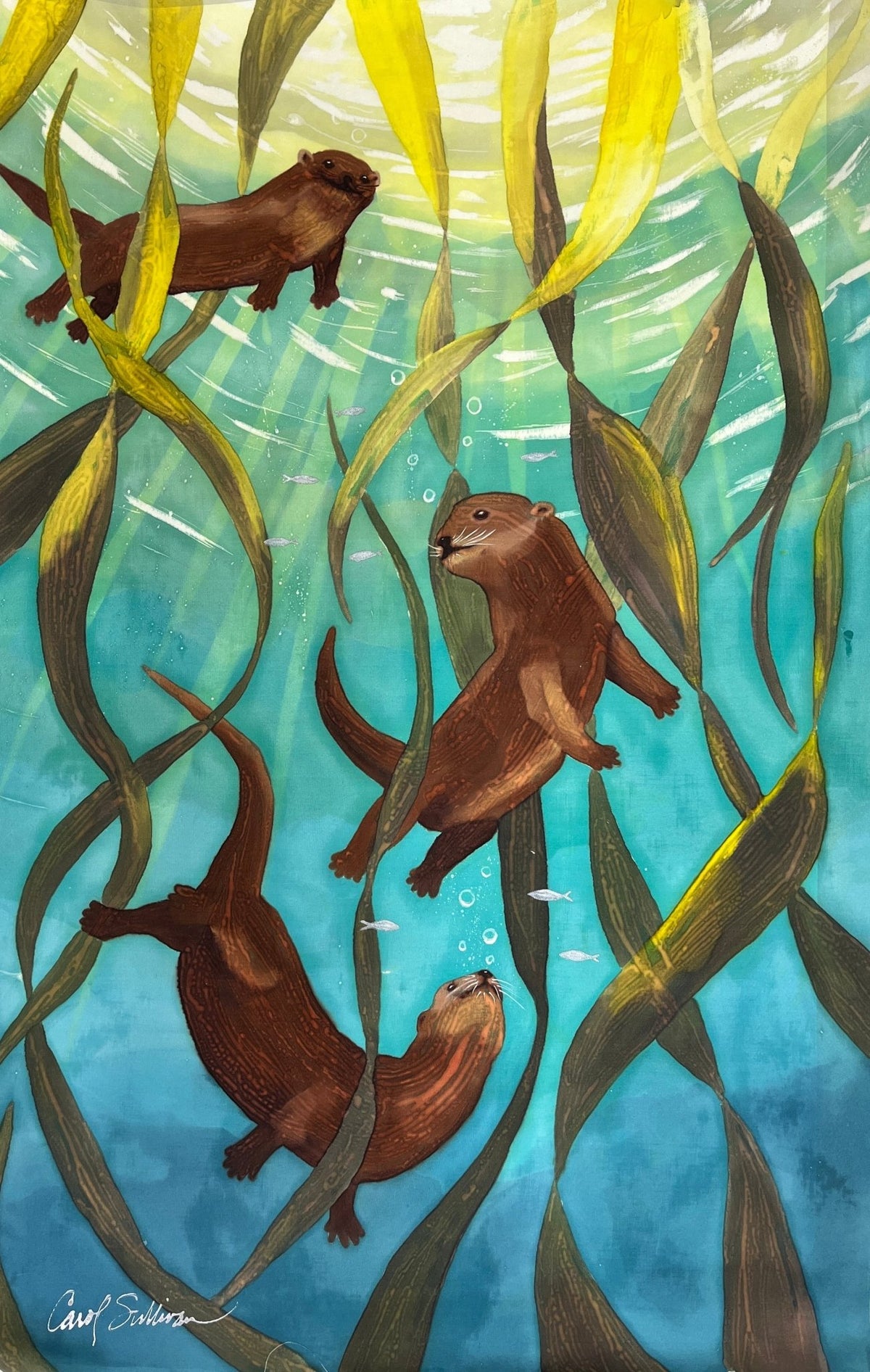 “Otters Playing in Kelp” - Hand-dyed Silk Wall Hanging - $850 - Curious Cart