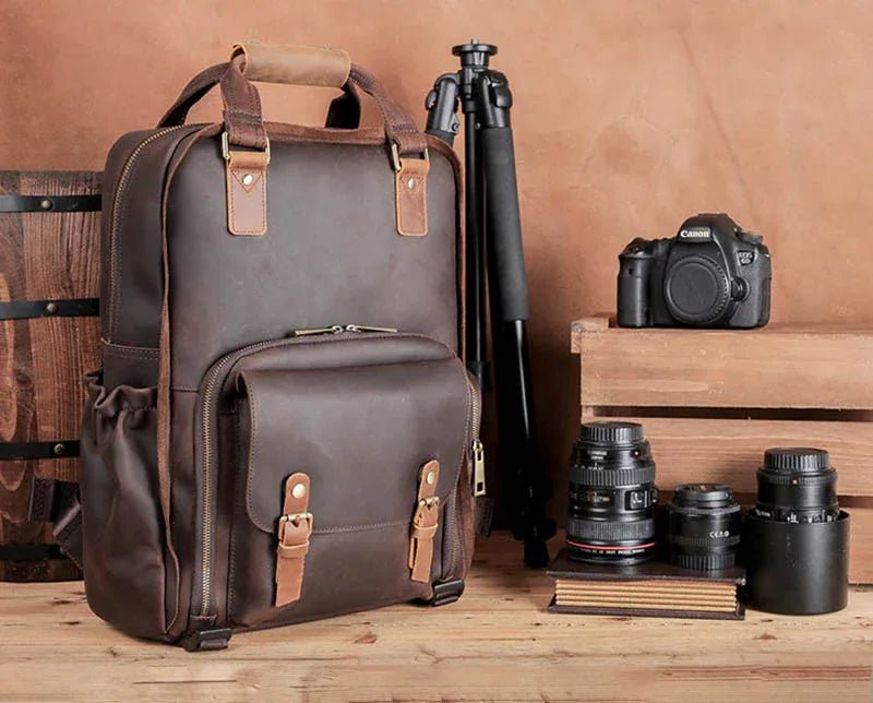 The Gaetano | Large Leather Backpack Camera Bag with Tripod Holder - Curious Cart
