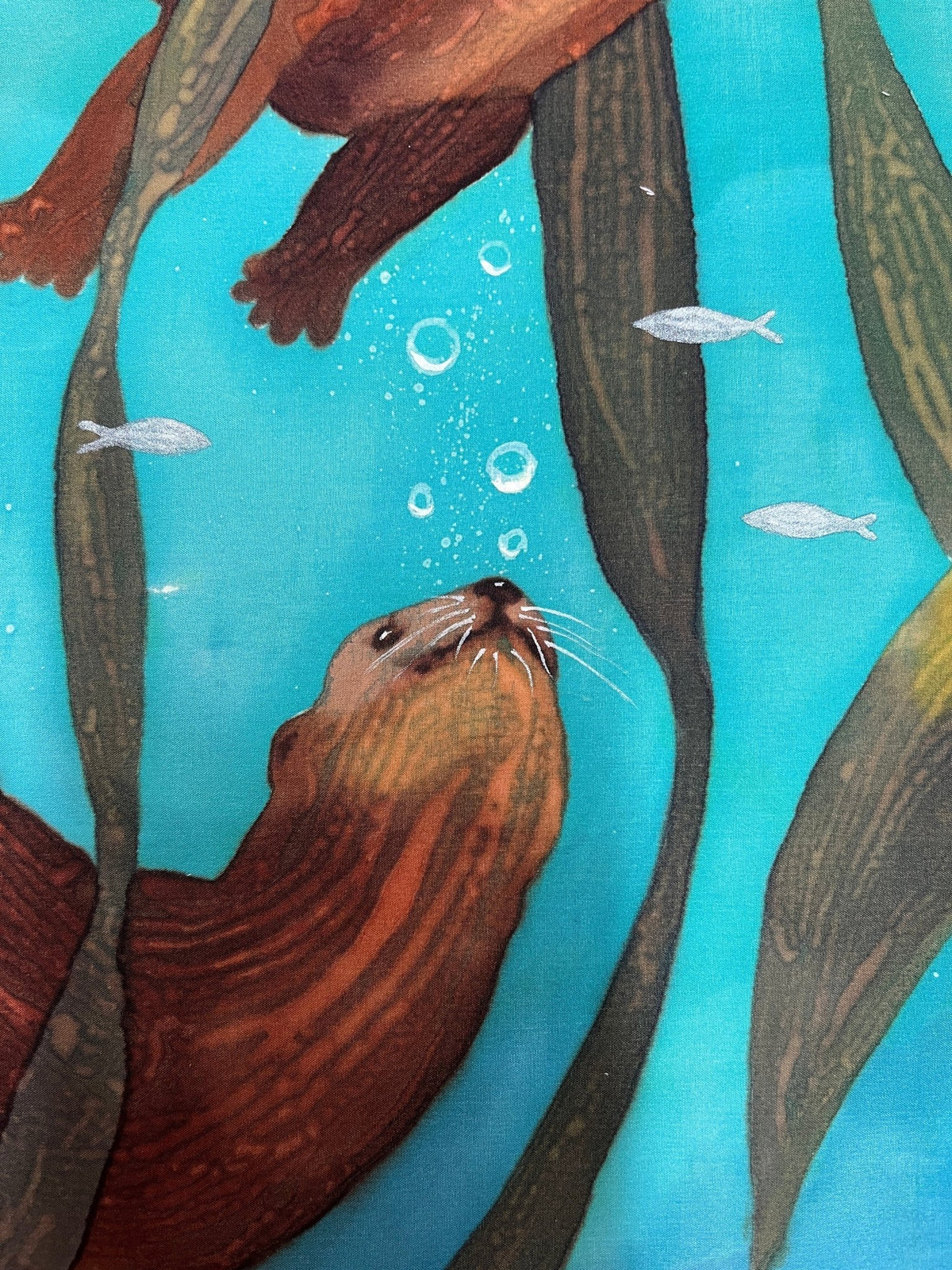“Otters Playing in Kelp” - Hand-dyed Silk Wall Hanging - $850 - Curious Cart