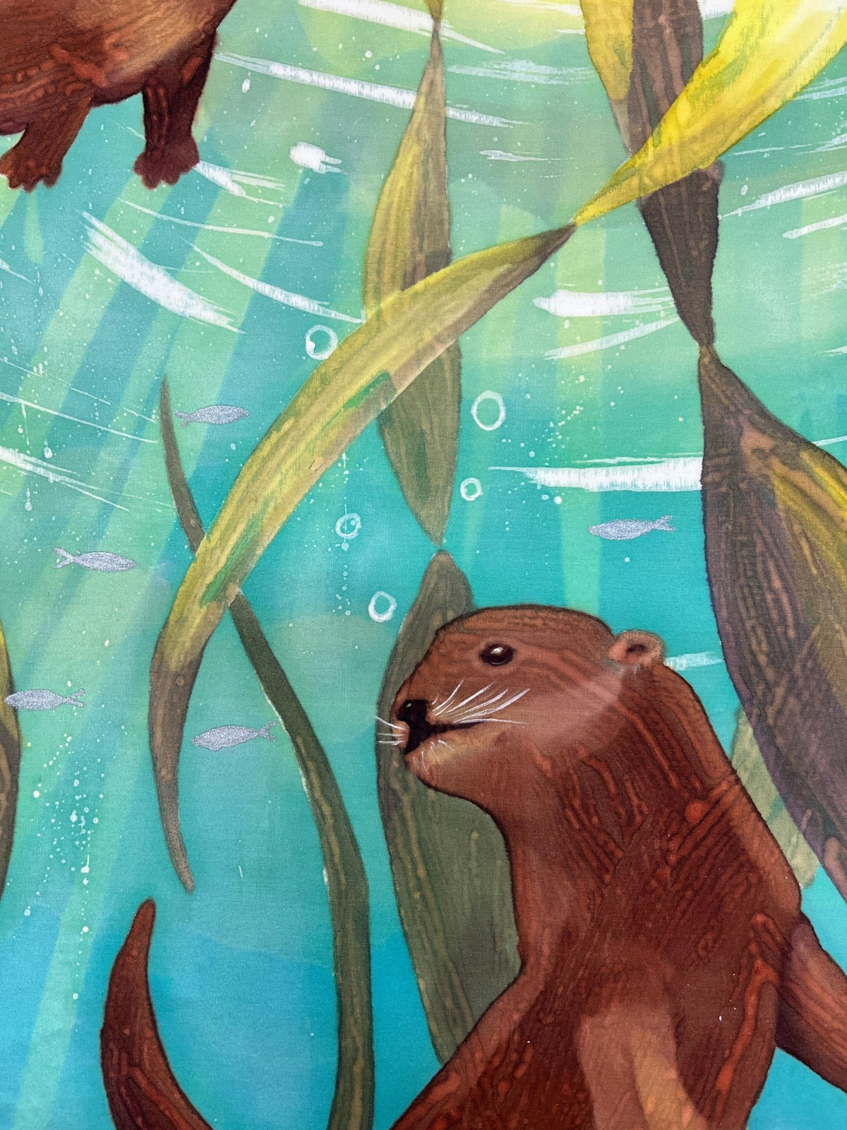 “Otters Playing in Kelp” - Hand-dyed Silk Wall Hanging - $850 - Curious Cart