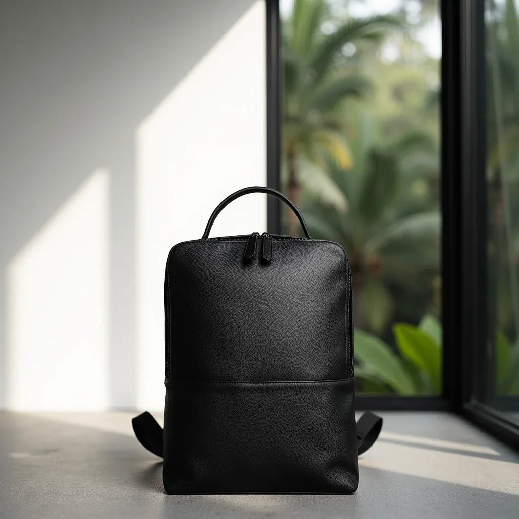 Skald Black Pebbled Leather Backpack | Slim Black Leather Backpack - Curious Cart