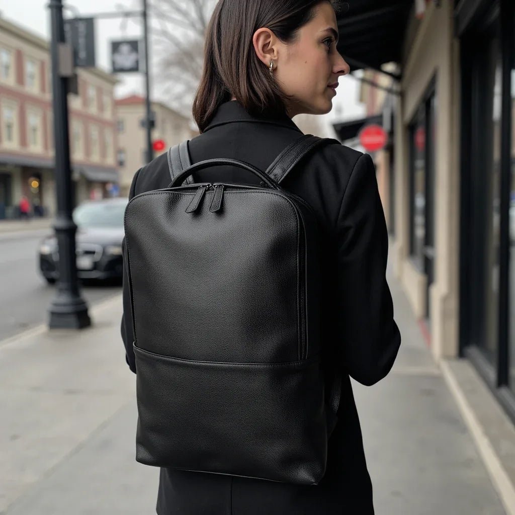Skald Black Pebbled Leather Backpack | Slim Black Leather Backpack - Curious Cart