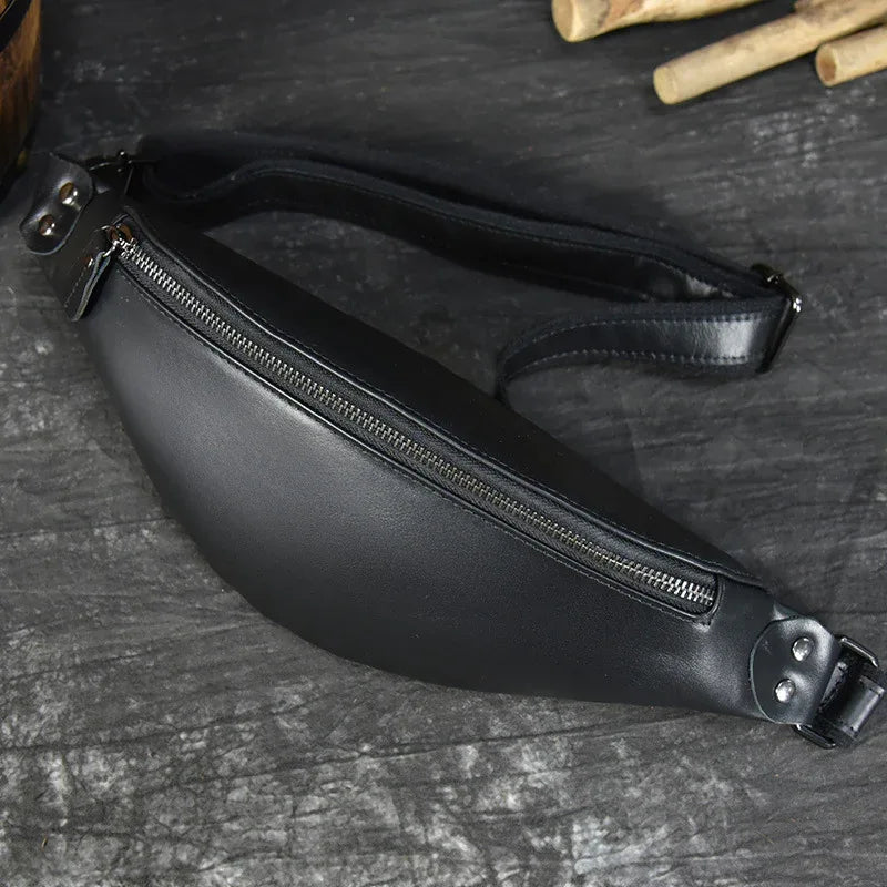 Sigrid Smooth Black Leather Waist Bag | Smooth Black Leather Fanny Pack - Curious Cart