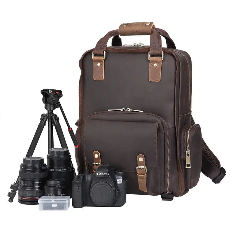 The Gaetano | Large Leather Backpack Camera Bag with Tripod Holder - Curious Cart