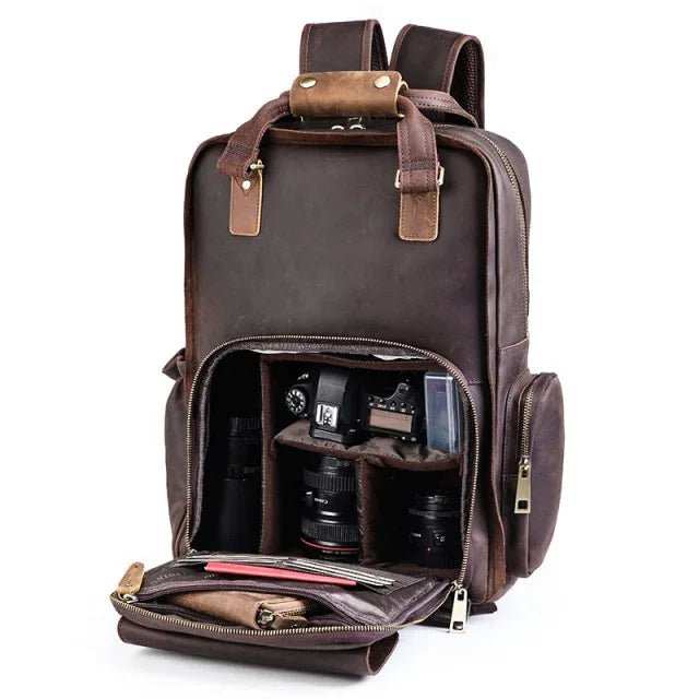 The Gaetano | Large Leather Backpack Camera Bag with Tripod Holder - Curious Cart