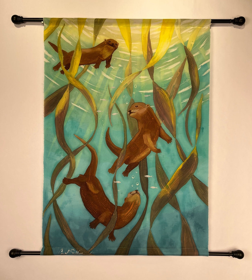 “Otters Playing in Kelp” - Hand-dyed Silk Wall Hanging - $850 - Curious Cart