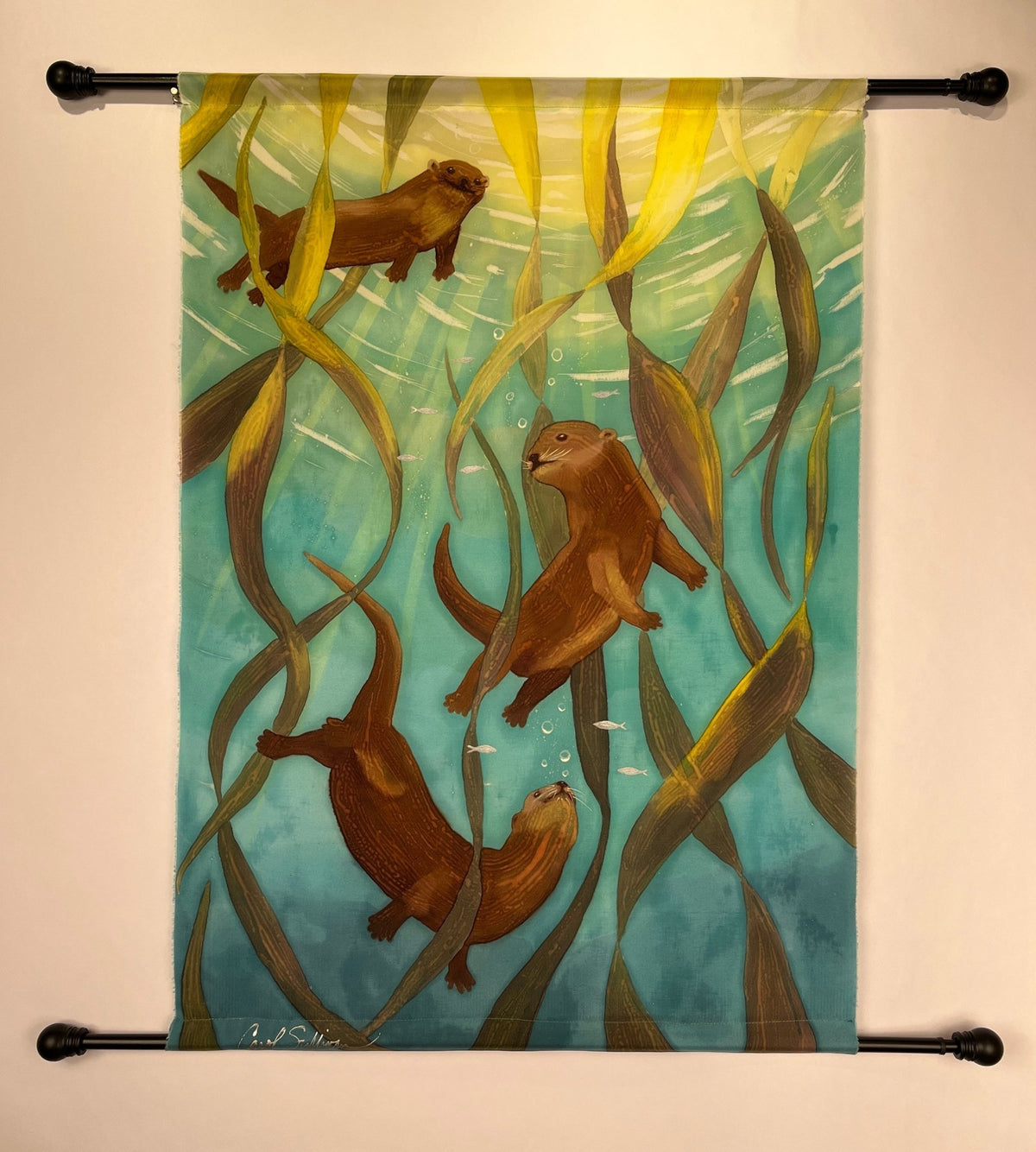 “Otters Playing in Kelp” - Hand-dyed Silk Wall Hanging - $850 - Curious Cart